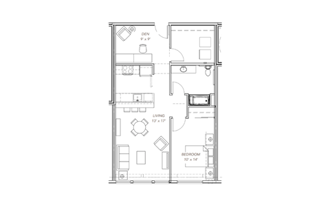 Floor plan for 1 bed, 1 bath, 901 sqft
